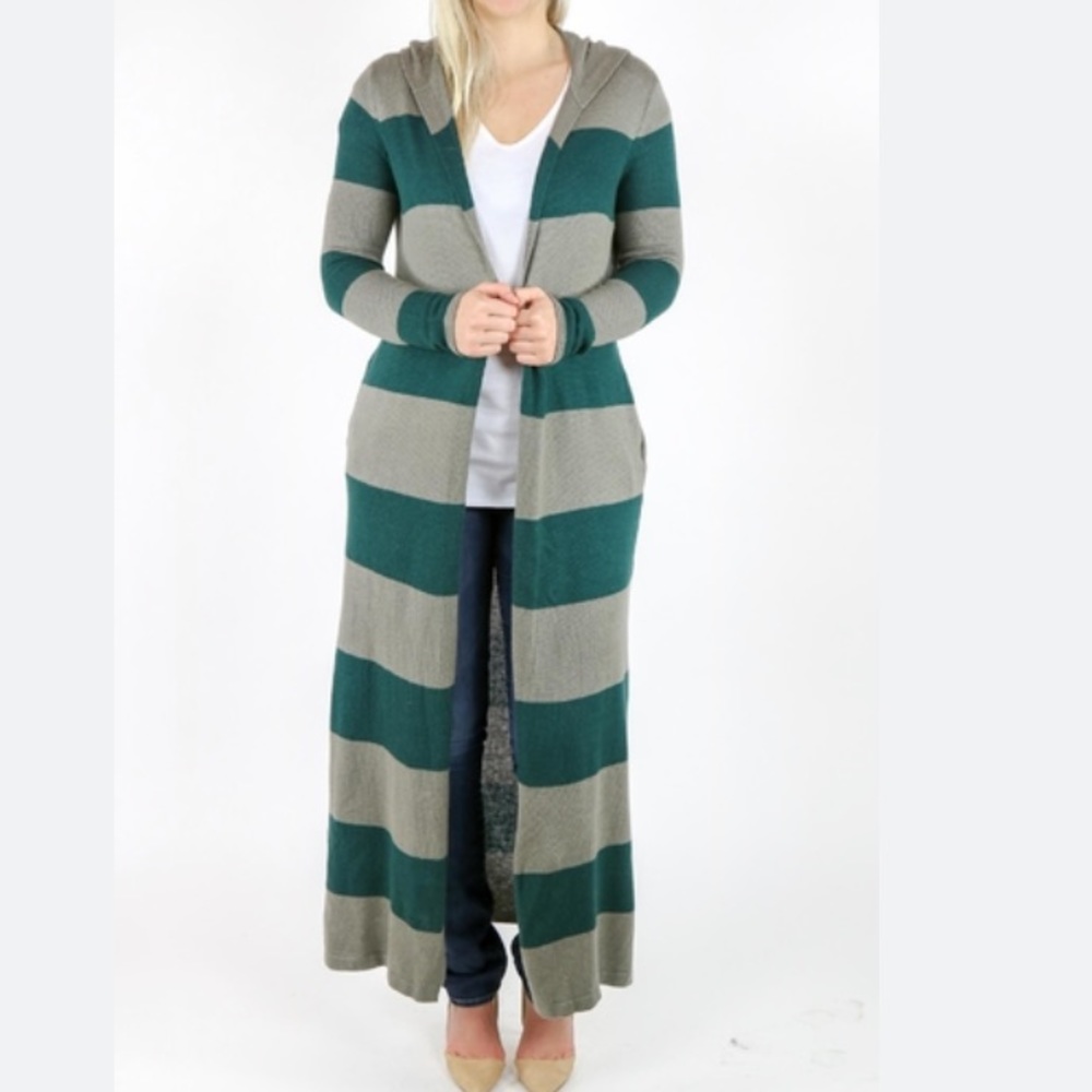 Scratch Hooded Cardigan teal & grey striped